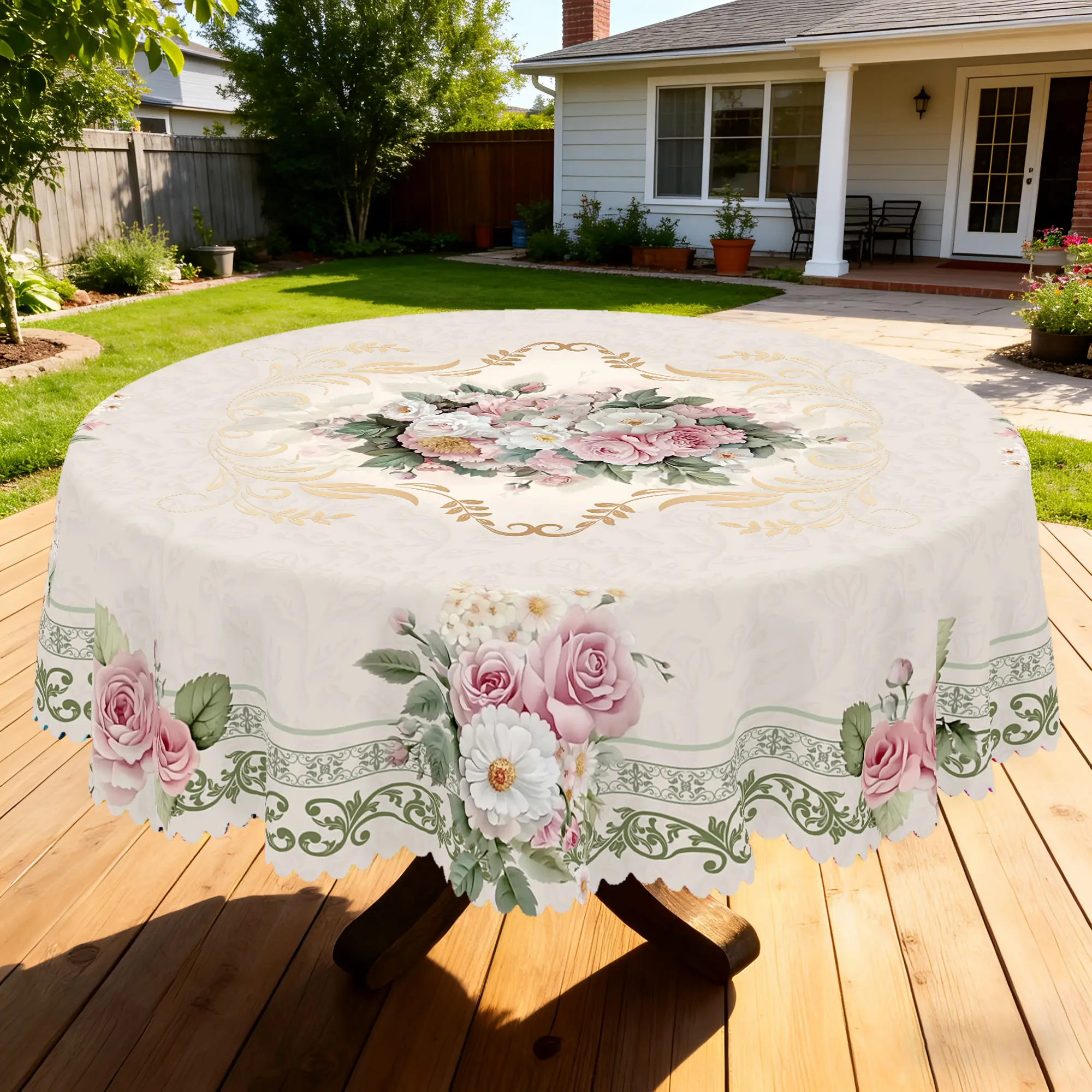 BLIOWL Vintage Romance Polyester Tablecloth - 1pc Round/Rectangle French Flowers Cover with Polyester Fits, Abrasive-Resistant for Kitchen Dining, Wedding Decor