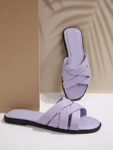 Mallow Color Lazy Square Toe Cross Strap Flat Sandals for Women, Comfortable Outdoor Wear, Stylish Casual Footwear