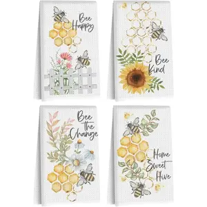 Blue Leaves 4 Pcs Funny Honey Bee Decor Dish Towels for Kitchen, Kitchen Towels, Dish Cloths for Washing Dishes, Tea Towel, Absorbent Soft Microfiber Towel for Farmhouse Home, Bee Gifts for Women Mom