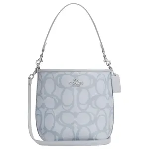 COACH City Bucket 17 Handbag for Women – Silver Metal Logo, Detachable Strap, Coated Canvas, Small Bucket Bag in Ice Blue