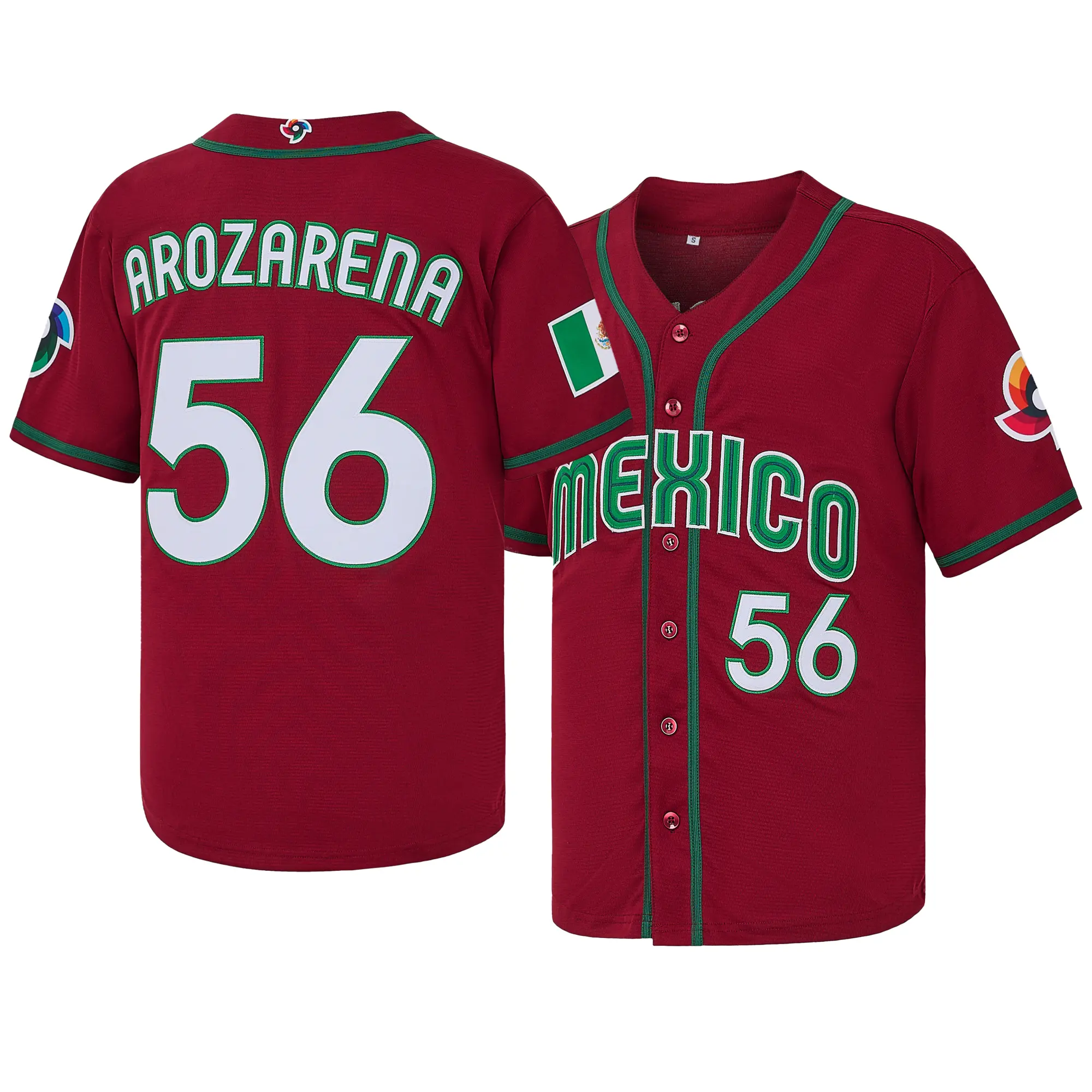 Men's Short Sleeve Button-Front Cut #56 Randy Arozarena Mexico Baseball Jersey - Embroidered Details, Fully Stitched World Baseball Classic Game-Day Wear, Fan Gift