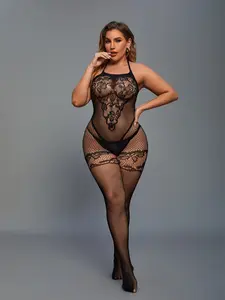 Plus Size Women's Sexy Lingerie, Jacquard Mesh Bodysuit, Perspective Sheer Jumpsuit, Slim Fit, Stretchy, Comfortable Nightwear