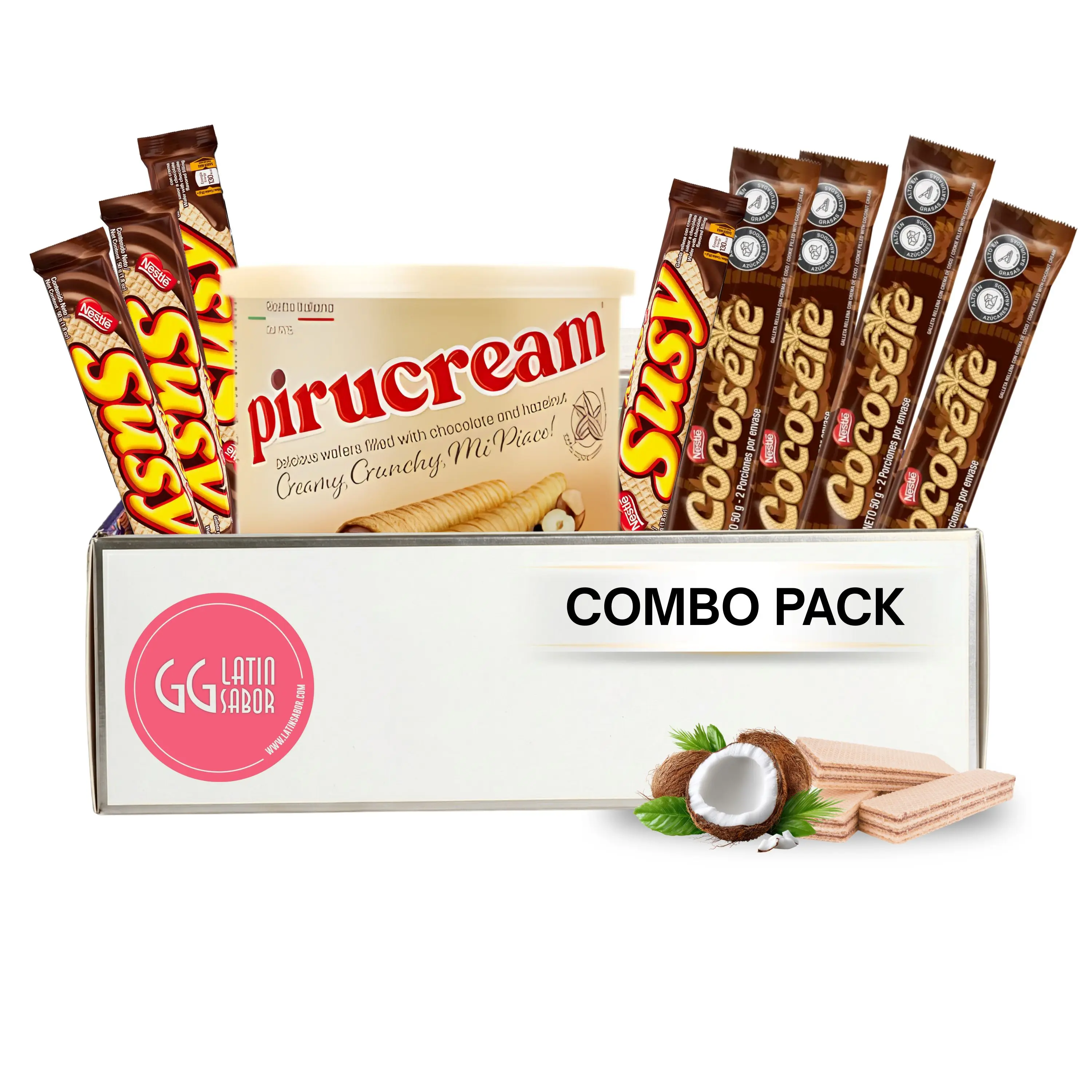 Venezuela Snacks Sweet Pack: COCOSETTE (4 Pack) + SUSY (4 pack) + Pirucream