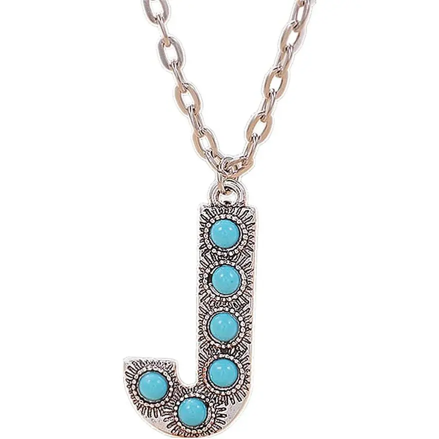 Women's Bohemian Western Turquoise Personalized Initial Necklace, A-Z 26 Letters Retro Blue Bead Link Jewelry Accessories, Mom Daughter Birthday Gift, Personalized Necklace