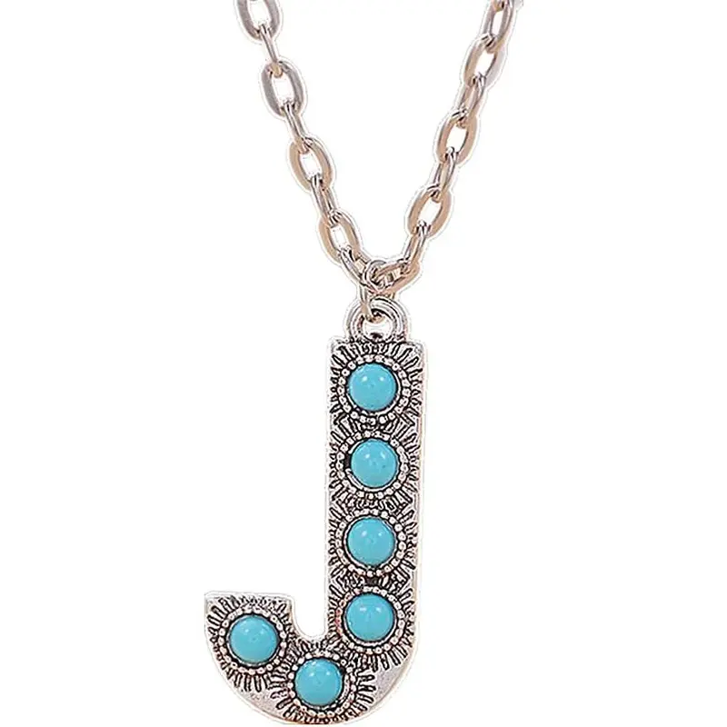 Bohemian Western Turquoise Initial Necklace 26 Letters Initial Necklacet for Women Gifts Retro Blue Bead A-Z Necklace Link Jewelry for Mom Daughter Birthday Jewelry Gift