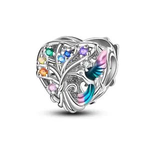 MULA Hummingbird Heart Beads, S925 Silver-plated with Cubic Zirconia and Enamel Details - Perfect with Pandora bracelets and necklaces, ideal gift for special occasions