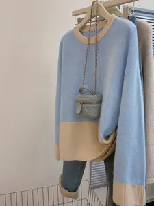 Sweet Lady Casual Patchwork Colorblock Blue Peach Round Neck Knit Top, Women's Spring Autumn Fashion Long Sleeve Knit Pullover Sweater Lightweight Knit Sweater