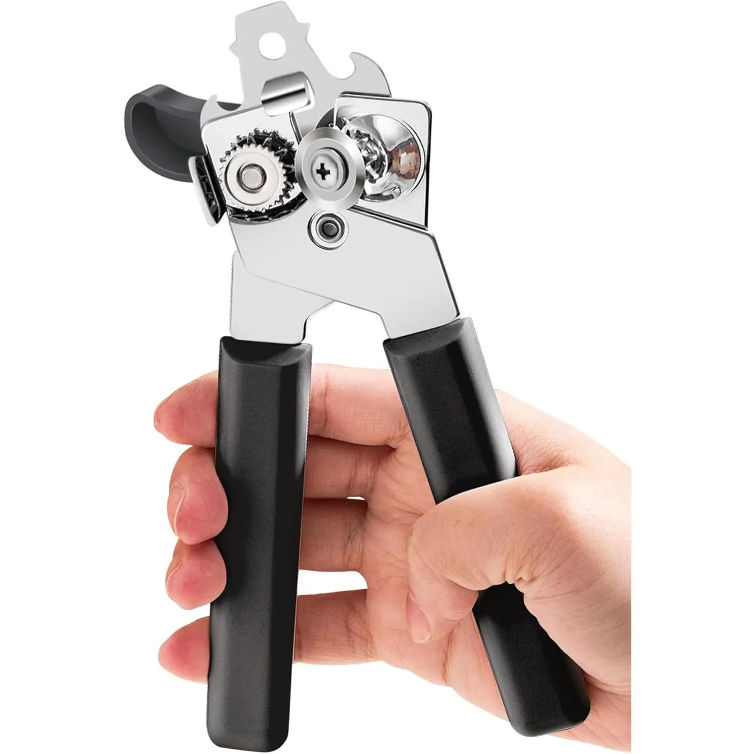 Manual Can Opener with Smooth Edge, Heavy Duty Stainless Steel Hand Can Opener, Ergonomic Anti-Slip Handles, Easy Turn Knob, Built-In Bottle Opener, Black