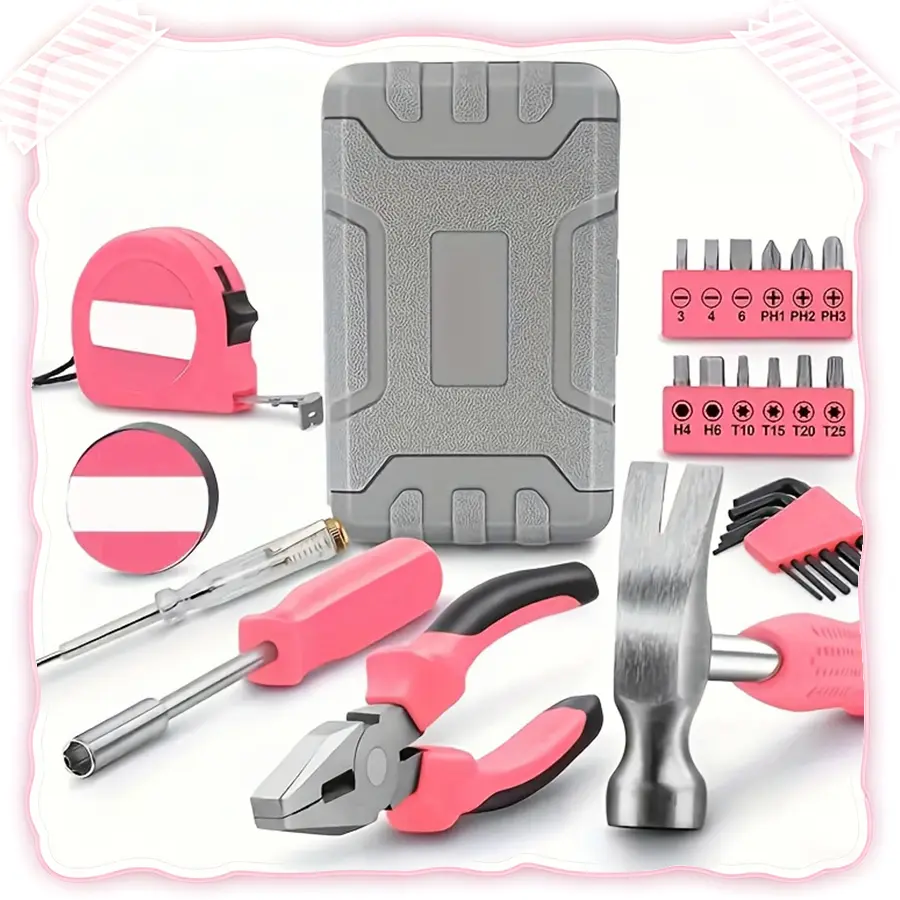 24pc Pink Household DIY Tool Kit for Women. Small Mini Tool Box Set of Starter Basic Ladies Tools , Household quick repair and maintenance, mini tool set, ladies portable toolbox, DIY Gift