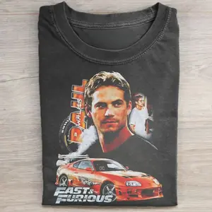 Men's Vintage Graphic Short-Sleeve T-Shirt, Iconic Fast and Furious Movie Tee, Paul Walker Brian O'Conner RIP Menswear Casual Streetwear Top, Shortsleeve