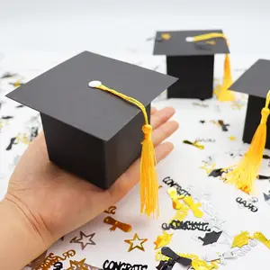 Graduation Cap Gift Box – Graduation Party Favors, Candy Boxes, Treat Box with Tassels, Table Centerpieces, Class of 2026 Decorations (Black, Gold)
