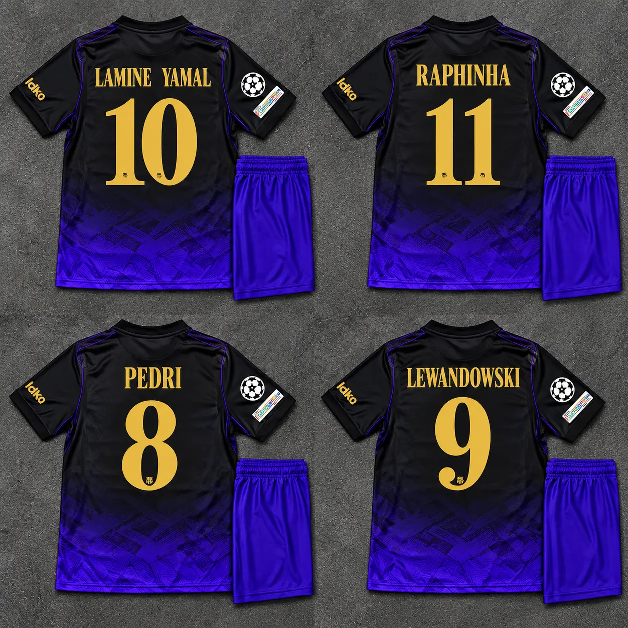 Lamine Yamal 10, Raphinha 11, Pedri 8, Lewandowski 9 Soccer Jersey Set – Black Purple Shirt & Shorts Fan Kit