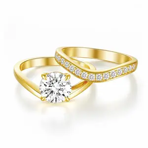 EAMTI 14K Gold Plated Bridal Ring Sets Engagement Rings for Women 2CT Round Cut CZ Bands Solitaire Cubic Zirconia Curved Wedding Promise Gold Rings for Her