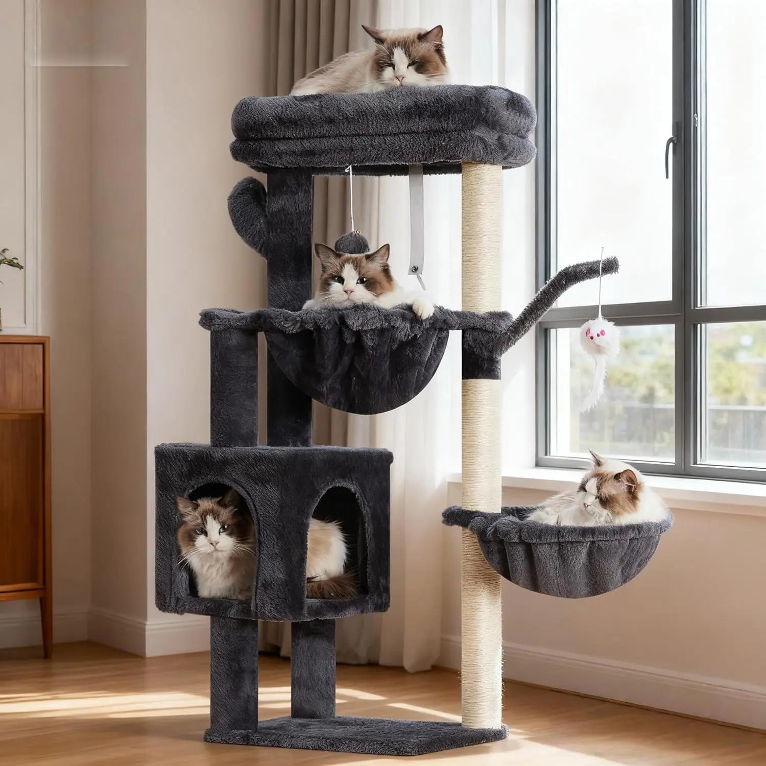 Tree, 39.4 Inches Tower Condo with  ,  Tower for Indoor Cats, Fully Wrapped Sisal Pole, Soft Platform, 2 Baskets and Dangling , Smoky Gray HCT006SG