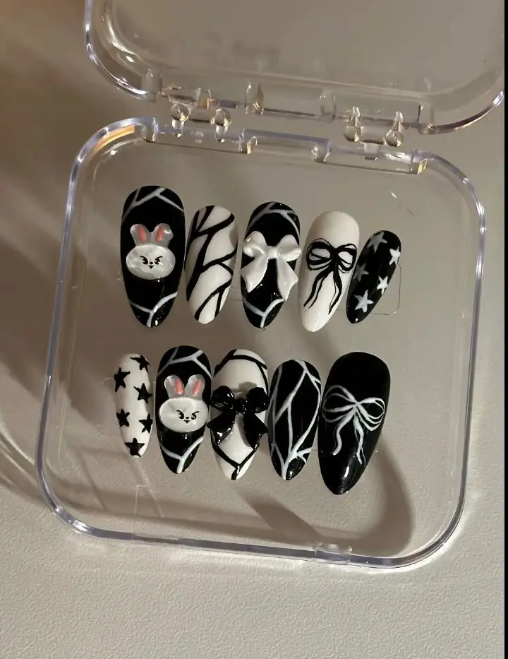 ESKZOOs Inspired Press ELeebita On Nails Handmade Black White Kpop 3D Bow Gothic Star Gel Nail Sett with Nail Kit | Free Adhesive Tabs Nail File & Cuticle Stick