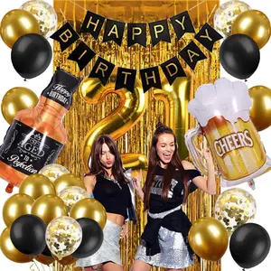 21st Birthday Decorations for Him Her, Black and Gold Cheers To 21 Years Banner, 21 Birthday Party Supplies, Happy 21st Birthday Backdrop, 21st Birthday Balloons for Women Men