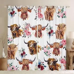 Highland Cow Darkening Drapes Girls Cute Highland Cattle Blackout Curtains Pink Floral Western Cow Bull Curtains Bedroom Living Room Window Treatments Funny Farmhouse (2 Panels )