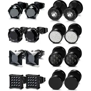 FLORIDECO Unisex 8-Pair Black Stainless Steel CZ Long-Stem Stud Earrings Set for Daily Wear