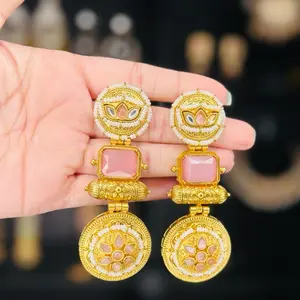 Dangle Earrings with Intricate Gold Plated Design and Pink Stone Accents for Elegant Looks