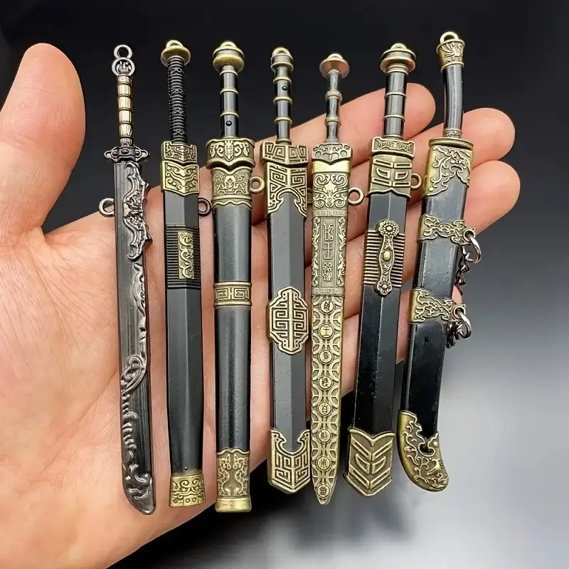 7pcs Miniature Metal Swords Set, Ancient-Inspired Toy Pendant Collection, Military Theme, Durable Metal Construction, Ideal Gift For Game & Anime Enthusiasts, Ages 14+ (Sheath Included, No Display)