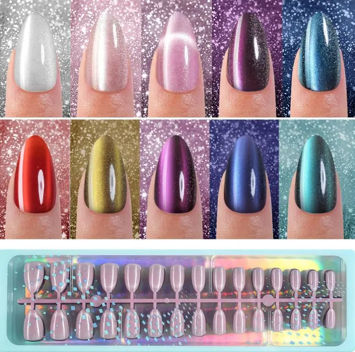 300Pcs Cat Eye Press on Nails, Glossy Glitter Cat Eye Designs Nail Tips for Women, Medium Almond Soft Gel Fake Nails, for Women and Girls Glossy Reusable Nail Tips in 15 Sizes