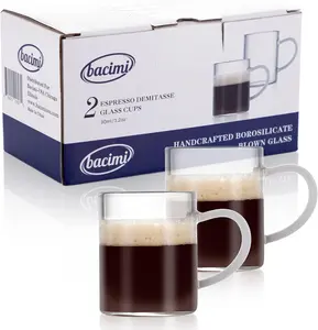 Bacimi Clear Demitasse Mini Espresso  with White Handles - Set of 2 / 3oz / 90 ML - Borosilicate Glass 3mm Thick for Espresso, Cappuccino, Latte & Hot Beverage -Dishwasher/Microwave Safe    Coffee Drinkware Stylish Cup