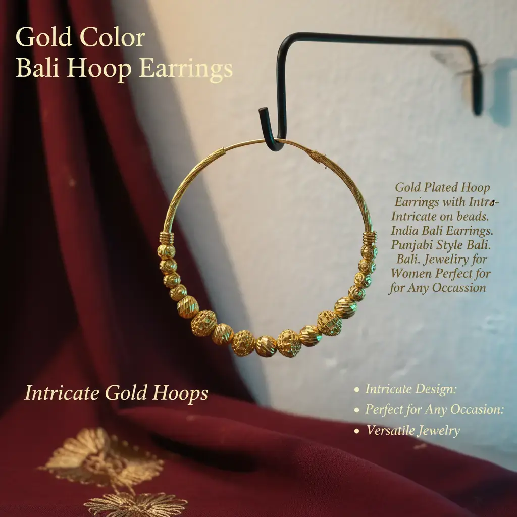Gold-Plated Hoop Earrings for Women, Handmade Punjabi Bali Style with Intricate Beadwork, Festive Indian Costume Jewelry with Gold Detail, Gold Detail Earrings