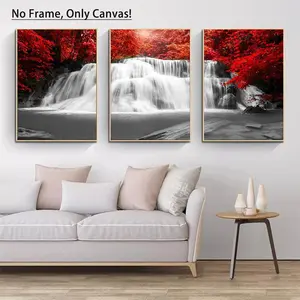 Waterfall & Red Maple Pattern Unframed Painting, 3 Counts/set Modern Canvas Wall Art, Wall Decor for Home Living Room Bedroom Office School, Creative Modern Decoration
