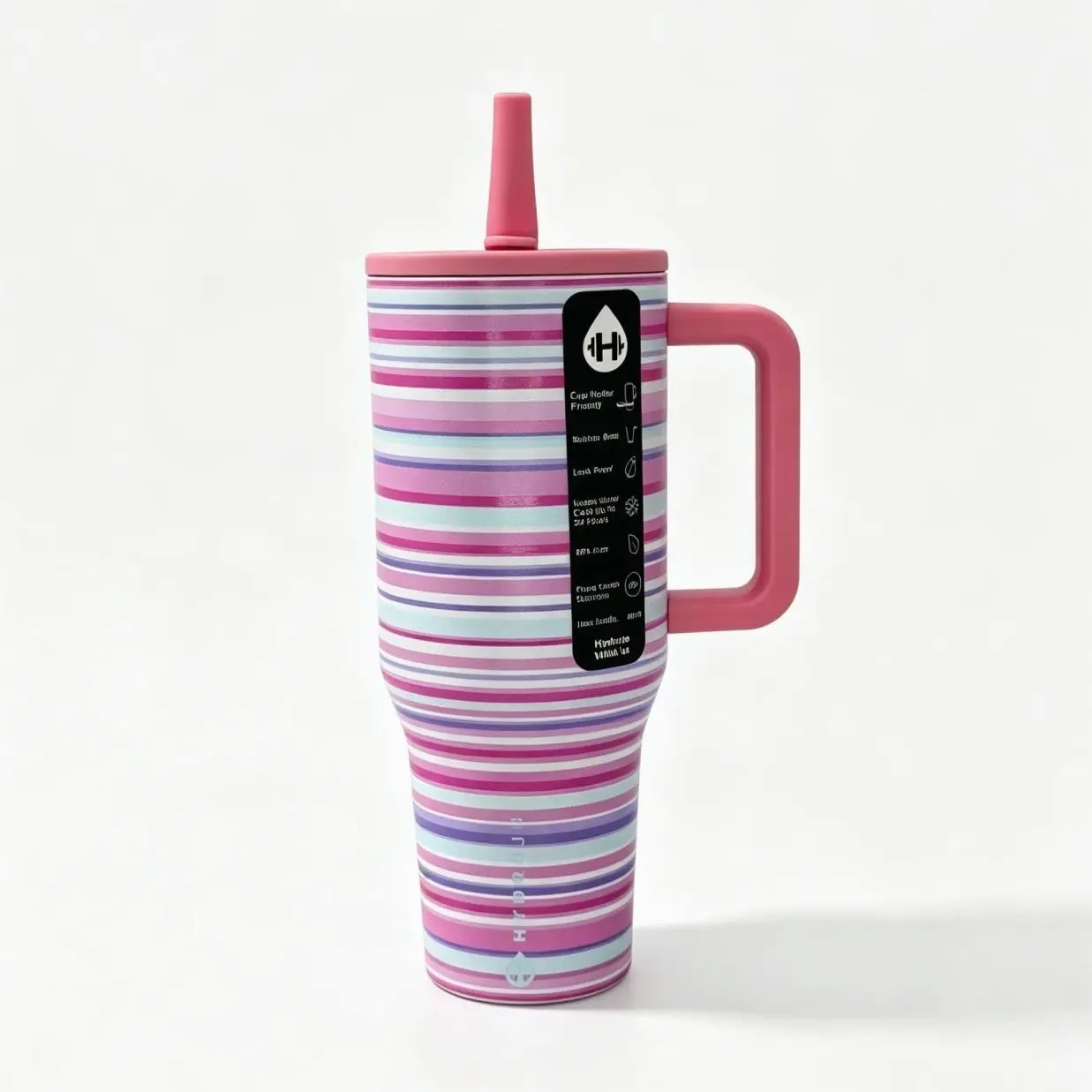 HydroJug 40oz Pastel Pink Purple Striped Handle Tumbler, Matching Pink Straw Lid, Leakproof Insulated Stainless Steel Mug, 24 Hour Cold Retention Girly Cup for Car Travel, Office & Daily Commute Drinkware Flasks Bottled Bottles Portable Water Bottles