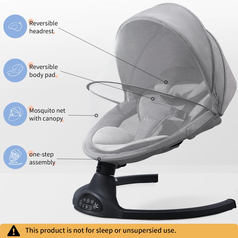 LAREX Baby Swing for Infants | Electric Bouncer for Babies,Portable Swing for Baby Boy Girl,Remote Control Indoor Baby Rocker with 5 Sway Speeds,1 Seat Positions,10 Music and Bluetooth (Black)