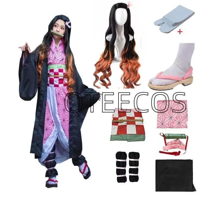 Demon Slayer Kamado Nezuko Cosplay Set, Anime Kimetsu No Yaiba Halloween Party Costume with Wig and Shoes (Toys & Hobbies Specialty DIY Supplies)