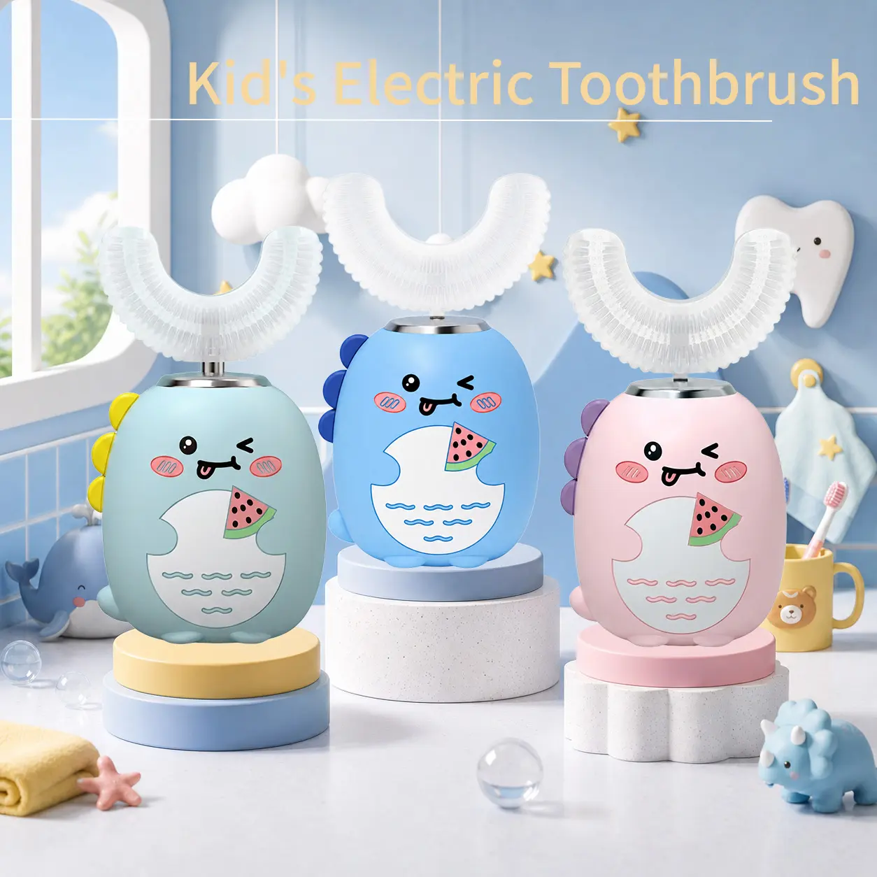 Kids Silicone U-Shaped Electric Toothbrush - Waterproof Rechargeable Sonic Oral Care, 3 Smart Vibration Modes, Soft Bristles, 2 Replacement Heads, Gum Health Support, Sensitive Teeth Friendly, Full Clean Daily Care, Plaque Remover