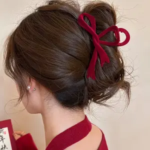 Burgundy Bow Claw Clip, Elegant Hair Accessory for Quick Cute Hairstyles, Great for Coffee Runs, Workdays & Korean Style Everyday Looks