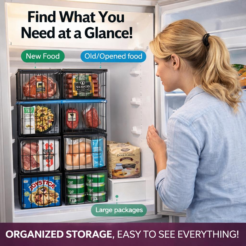 Upgraded Freezer Organizer Bins 2 4 6 8 Pack Max Capacity Stackable Baskets for 5 7 Cubic Feet Deep Freezer Foldable Storage Rack Heavy Duty Rust Proof Metal Wire Bins Airflow Design for Frozen Food Meat Kitchen Pantry Refrigerator Space Saving Organizer