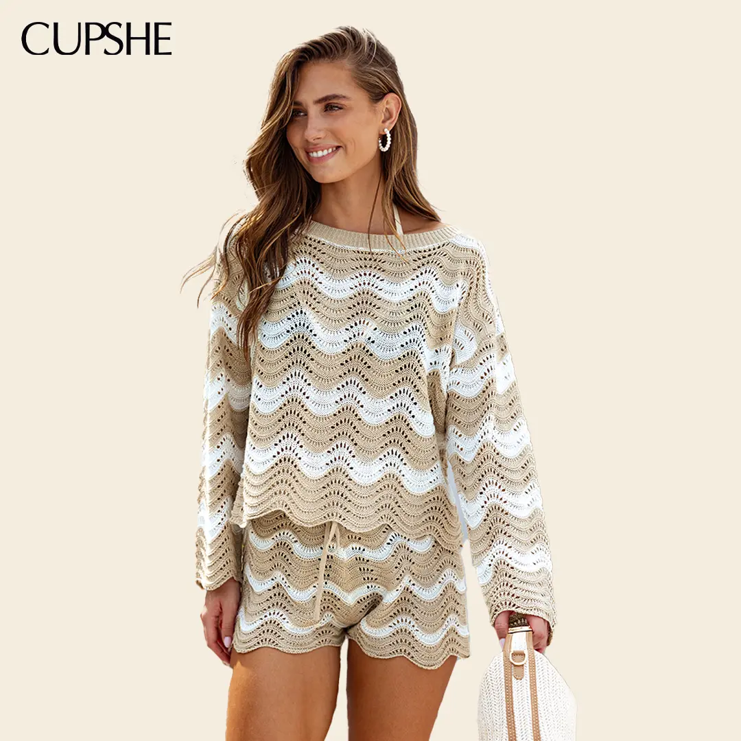 CUPSHE Crochet Knit Wave Swimsuit Cover-Up Shorts Flattering Hollow-Out Drawstring, 2026 Aesthetic Resort Wear for Beach Outdoor , Crochet Coverups #summerfinds