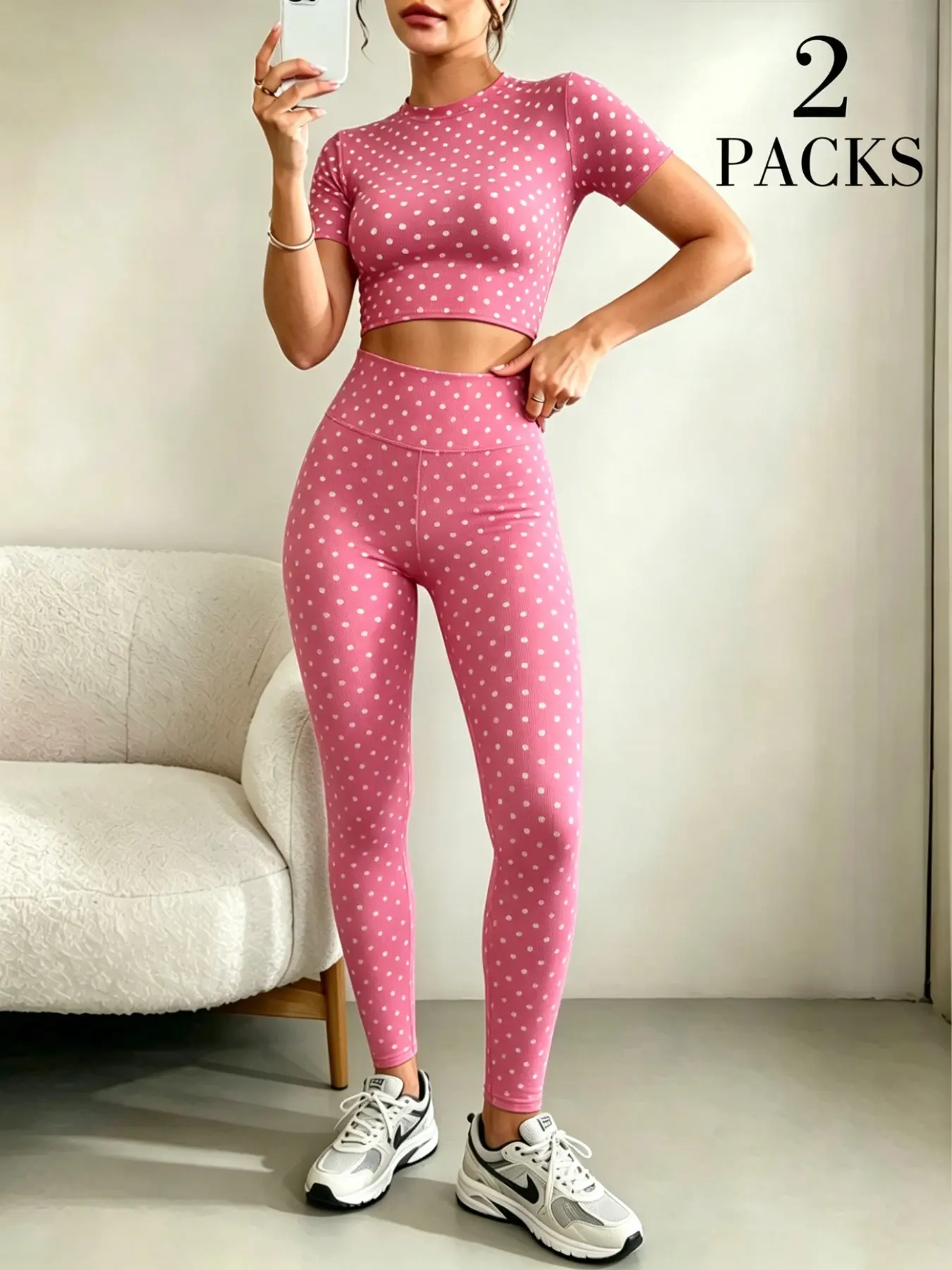 Women's Polka Dot Sport Set, Strawberry Milkshake Color Sleeveless Top & High-Waist Leggings, Yoga Workout, Casual Streetwear, Yoga Outfit