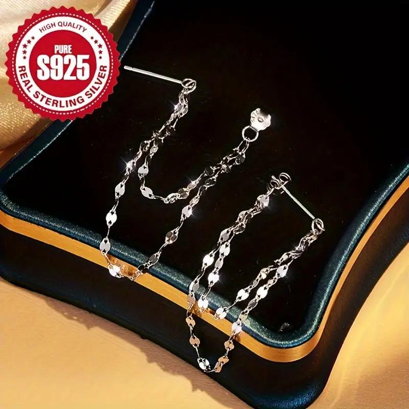 Elegant 925 Sterling Silver Double Layer Chain Earrings for Women, Dazzling Hypoallergenic Bling Design, Versatile Fashion Accessory