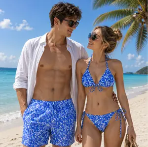 Matching Couple Swim Set, Floral Bikini & Swim Trunks Set, Hot Girl Summer Beach Outfit, Vacation Pool Party Matching Swimwear