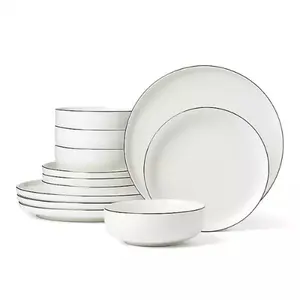 24 Seven Black Rim 12-pc Dinnerware Set - Porcelain Plates & Bowls - White & Black - Microwave & Dishwasher Safe - Elegant Table Setting