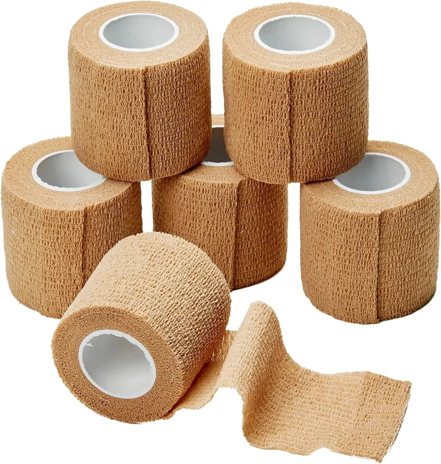 Self-Adhesive Bandage Rolls (6-Pack, 2 in x 5 Yds, Tan) - Lightweight, Non-Toxic, Skin-Friendly Vet Medical First Aid Wound Tape for Girls
