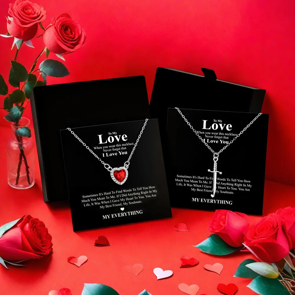 Valentine's Day Gift for Her: Arrow Through Heart Necklace, Light Luxury Crystal Zircon Heart Dagger Pendant Jewelry with Greeting Card & Gift Box - For Wife, Girlfriend, Lover， Anniversary Birthday Proposal Gift Set with Card & Box (2 Pcs)