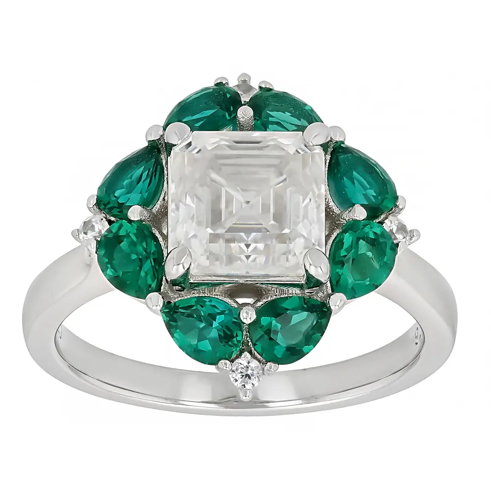 JTV Platineve Ring with Asscher Cut Moissanite, Lab-Created Emerald, 1.93ctw DEW Artificial Gemstone Set, Pear Shape, 1.65Ctw