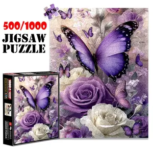 1pc 1000 piece adult puzzle 70x50cm Purple Butterflies and Roses Floral Design 500 pieces of paper jigsaw puzzle, suitable for adults and families, large-scale DIY puzzle interactive toy games, bir