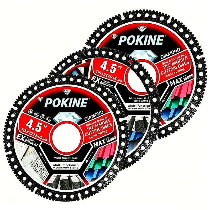 POKINE 4.5'' diamond cutting discs fit angle grinders, sold in 3/6/9/12 counts. Ultra-thin dry-cut design cuts ceramic, marble & granite sharply and durably, ideal for home renovation.