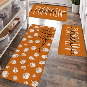 2/3pcs Autumn Thanksgiving floor mat, classic orange background with black and white autumn watercolor pumpkin pattern kitchen non slip mat, suitable for party decoration, bathroom, kitchen and laundry room, indoor and outdoor use, home decoration