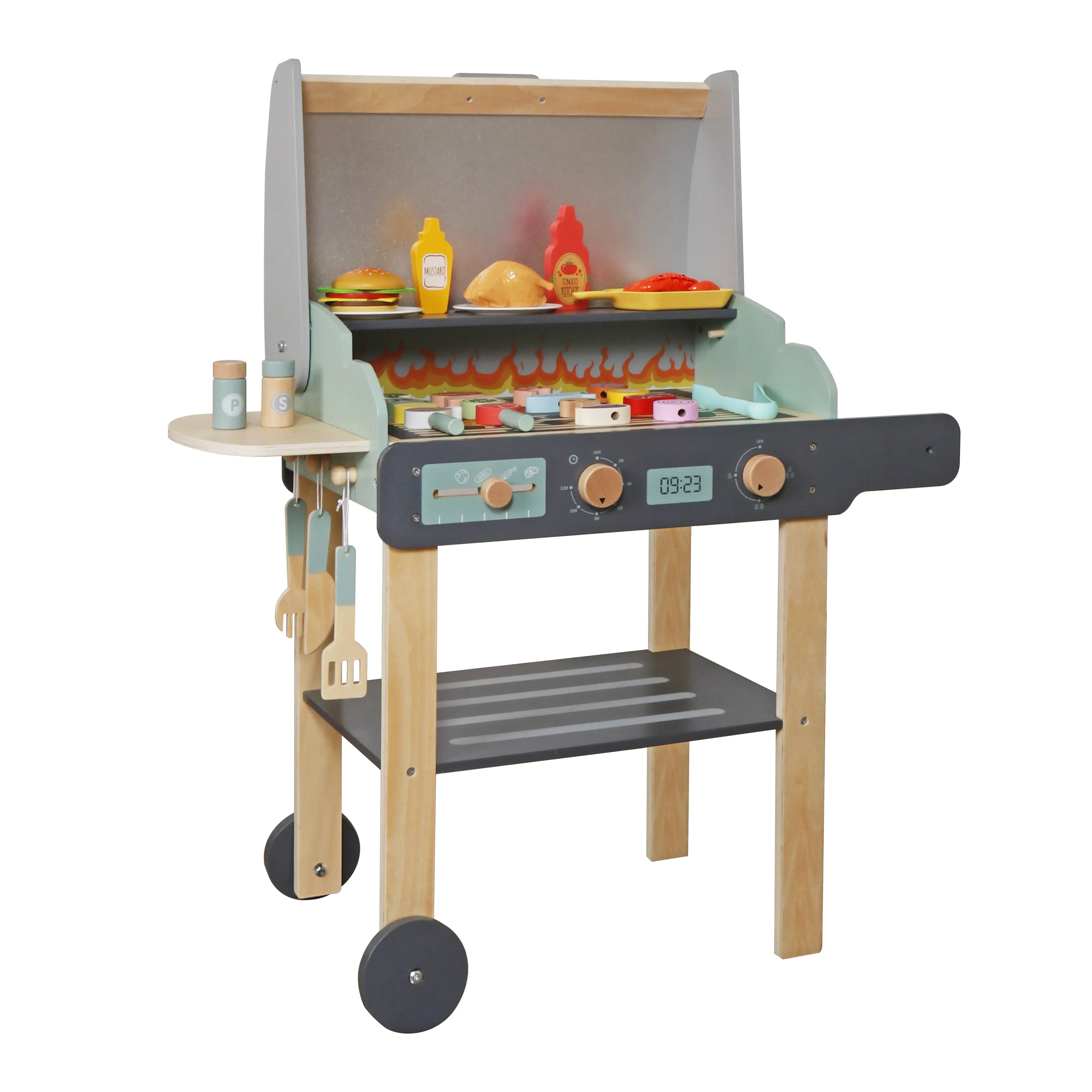 Wooden BBQ Grill Playset for Kids, Pretend Barbecue Toy with Food Accessories, Montessori Role Play Cooking Set, Outdoor Kitchen Toy for Toddlers Boys Girls Age 3+
