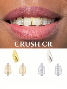 CRUSH CR 14K Gold Plated  Copper Single-Tooth Grillz, CZ Stones/Plain Style, Gold/Rose Gold/Silver Options, Unisex Hip-Hop Tooth Jewelry For Black Women, Girls & Men, Suitable For Parties, Street Fashion & Daily Wear, Tooth Gems