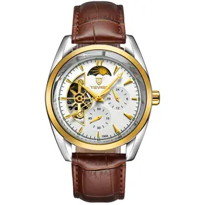 Men's Skeleton Automatic Watch, White Dial Gold Accent, Moon Phase Leather Dress Watch