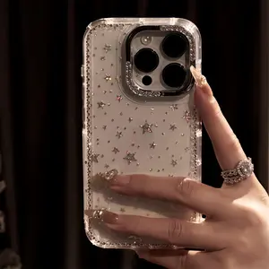 Luxury Rhinestone Fashion Phone Case, Sparkling Diamond Border Star Transparent Shockproof Cover for iPhone 17,16,15,14,13,12 Pro Max - Christmas Gift, New Year's Present, Easter Surprise, Halloween Treatment.
