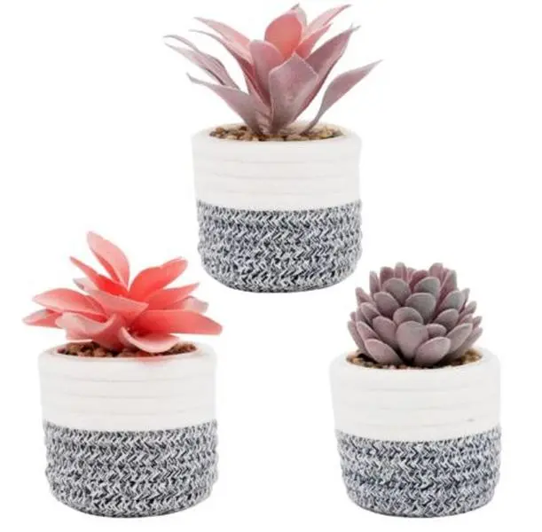 3Pcs Fake Succulent Plants in Boho Removable Rope Basket Pot Set- Farmhouse Faux Cactus Plant for Home Decor Indoor Bedroom Bathroom Office Desk Shelf Boho Room Kitchen Decor and Accessories